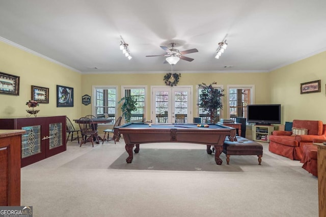 game room with crown molding, french doors, pool table, and carpet