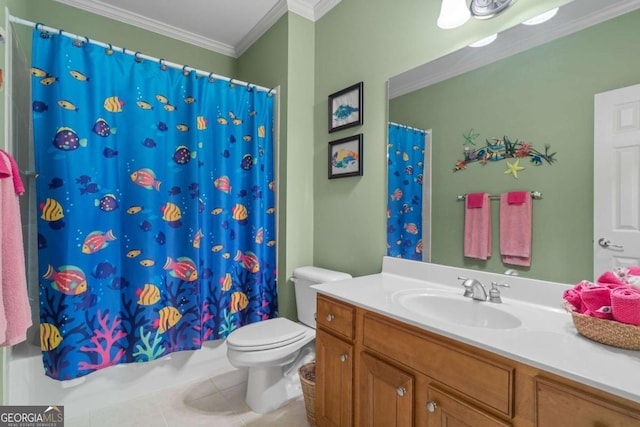 full bathroom featuring shower / bath combination with curtain, ornamental molding, toilet, vanity, and tile patterned flooring