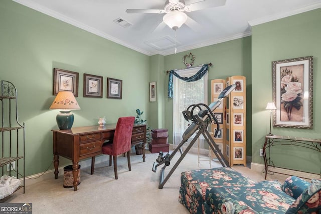 carpeted office space featuring ceiling fan, baseboards, ornamental molding, and visible vents