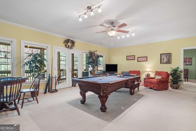 game room featuring pool table, french doors, light colored carpet, and a healthy amount of sunlight