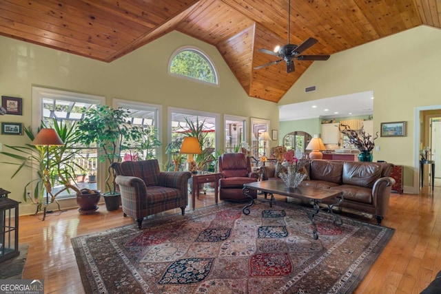 living room featuring visible vents, wooden ceiling, a ceiling fan, light wood-style flooring, and high vaulted ceiling
