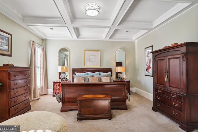 3704 Wilkins Cir, Powder Springs, GA 30127 - bedroom featuring light colored carpet, beamed ceiling, crown molding, coffered ceiling, and baseboards