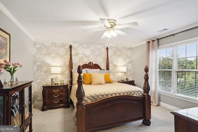 3704 Wilkins Cir, Powder Springs, GA 30127 - bedroom with light carpet, baseboards, crown molding, wallpapered walls, and a ceiling fan