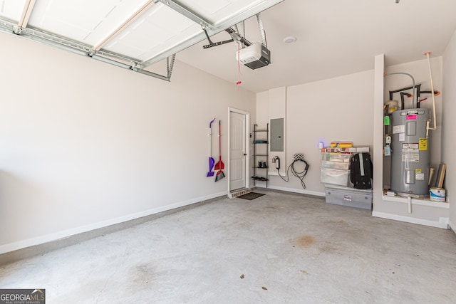 garage featuring water heater, baseboards, a garage door opener, and electric panel