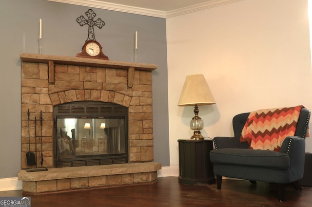4650 Perry Rd, Gainesville, GA 30506 - sitting room featuring baseboards, ornamental molding, wood finished floors, and a fireplace
