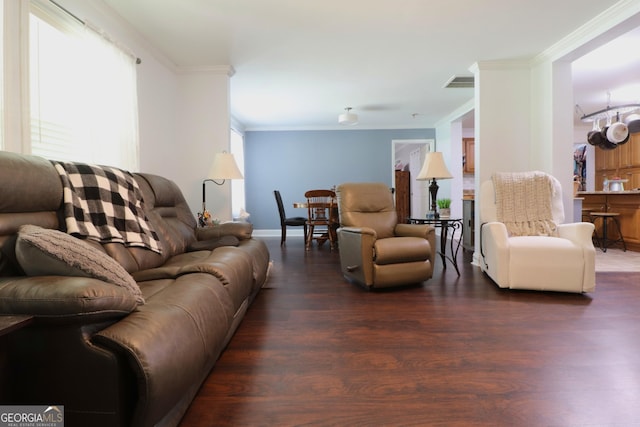 4650 Perry Rd, Gainesville, GA 30506 - living room featuring crown molding, baseboards, visible vents, and wood finished floors