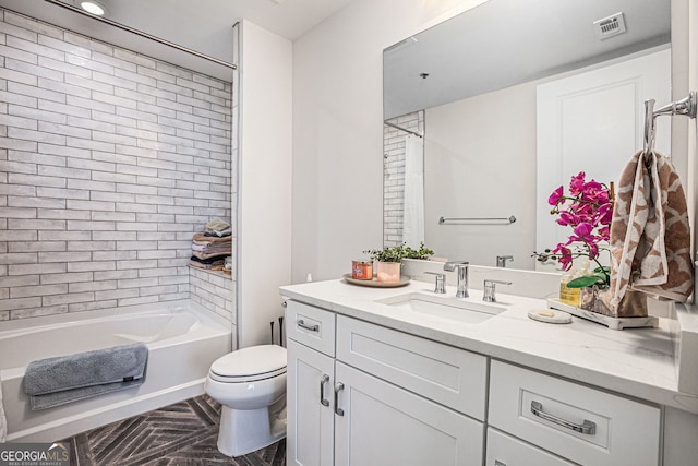 bathroom featuring shower / bath combo, visible vents, toilet, and vanity