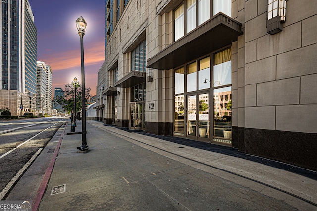 view of property at dusk