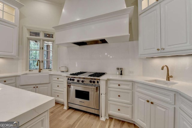 kitchen with custom range hood, luxury range, a sink, and backsplash