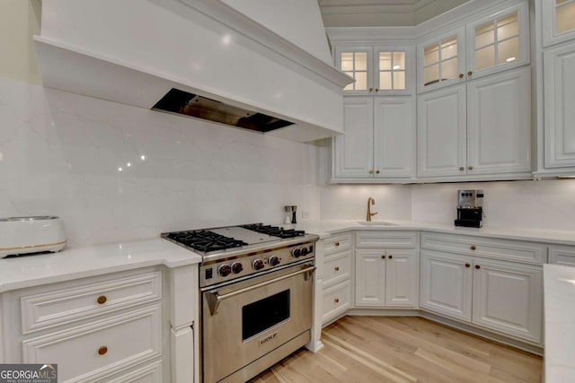 kitchen featuring custom exhaust hood, luxury range, tasteful backsplash, and white cabinetry
