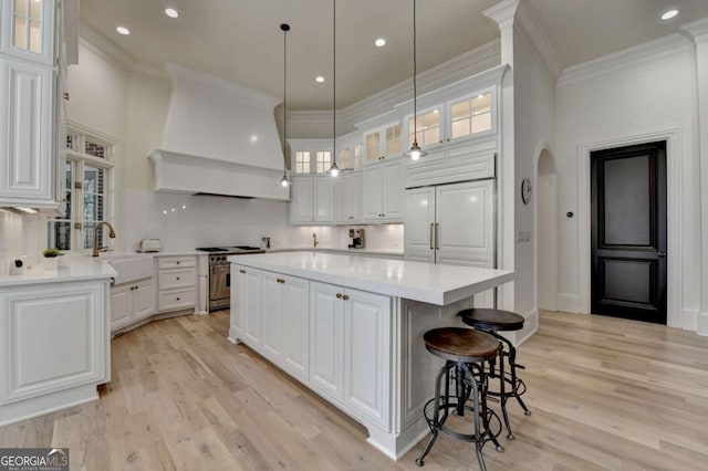 kitchen featuring custom exhaust hood, premium appliances, a sink, crown molding, and a towering ceiling