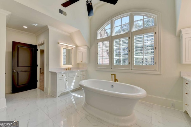 full bathroom featuring visible vents, marble finish floor, baseboards, and a ceiling fan