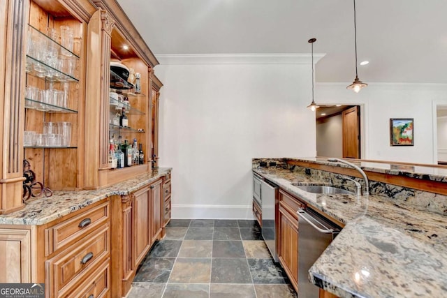 kitchen featuring stainless steel dishwasher, light stone countertops, ornamental molding, a sink, and baseboards