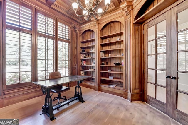 home office with built in shelves, a notable chandelier, wood walls, french doors, and coffered ceiling