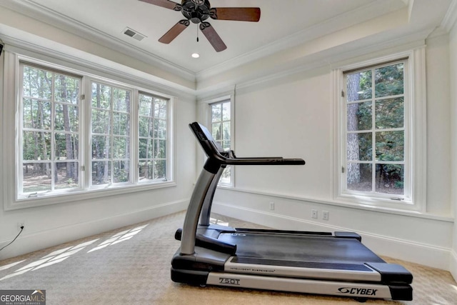 exercise room featuring visible vents, ornamental molding, a ceiling fan, and a healthy amount of sunlight