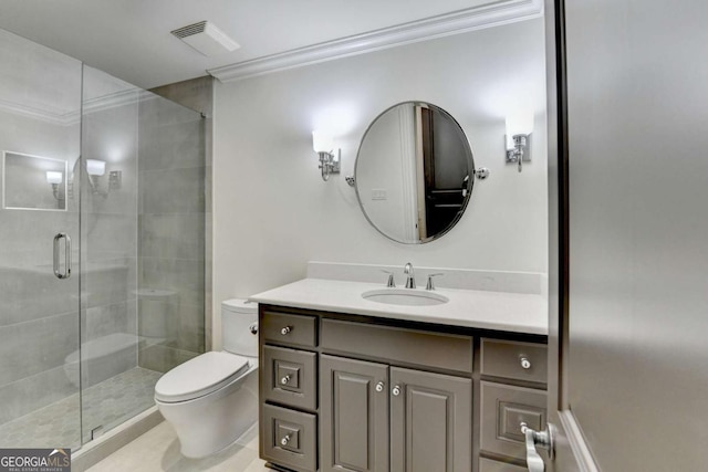 full bath featuring visible vents, a stall shower, ornamental molding, and toilet
