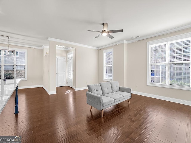4343 Ainsley Mill Ln, Duluth, GA 30097 - living area featuring baseboards, ceiling fan, and dark wood-style floors