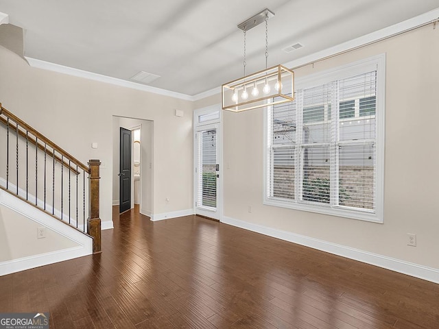 4343 Ainsley Mill Ln, Duluth, GA 30097 - interior space with ornamental molding, visible vents, stairway, a chandelier, and baseboards