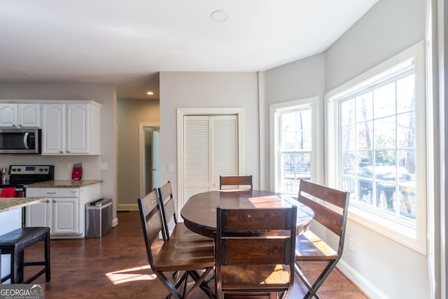 dining space featuring dark wood finished floors, baseboards, and a healthy amount of sunlight