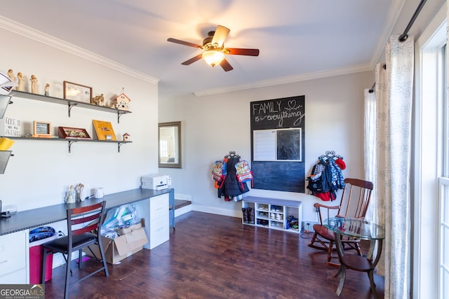 office area featuring crown molding, wood finished floors, ceiling fan, and baseboards