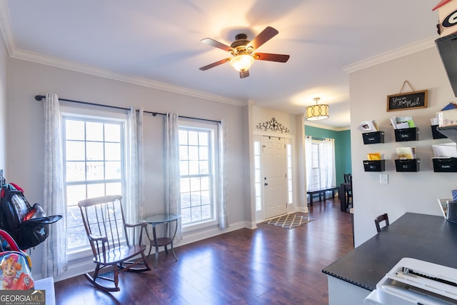 foyer entrance with crown molding, baseboards, a ceiling fan, and dark wood-style floors