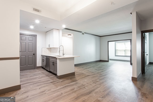 1074 Peachtree Walk NE Unit 115, Atlanta, GA 30309 - kitchen featuring dishwasher, a peninsula, light countertops, white cabinets, and backsplash