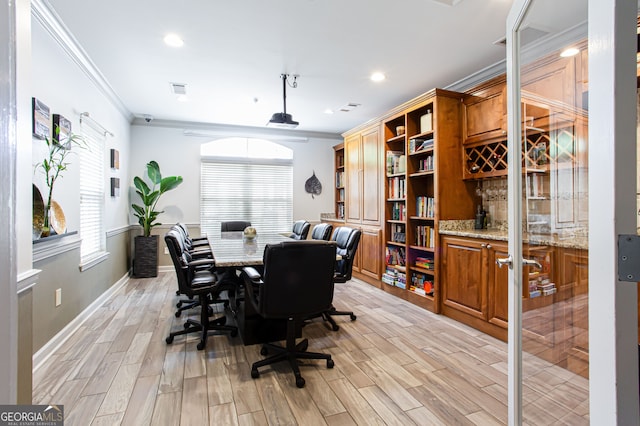 1074 Peachtree Walk NE Unit 115, Atlanta, GA 30309 - office area featuring ornamental molding, light wood-style floors, and recessed lighting