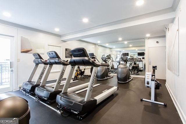 1074 Peachtree Walk NE Unit 115, Atlanta, GA 30309 - exercise room featuring ornamental molding and recessed lighting