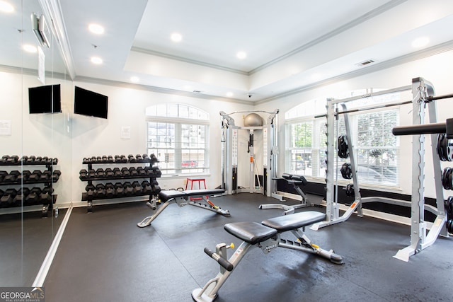 1074 Peachtree Walk NE Unit 115, Atlanta, GA 30309 - exercise room featuring crown molding, recessed lighting, and a raised ceiling