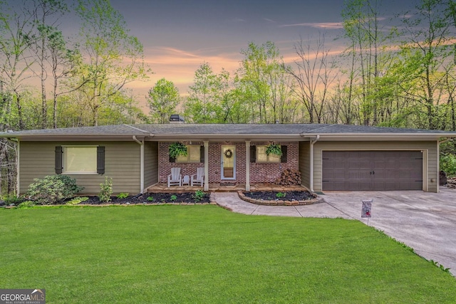 524 Allison Ln, Ball Ground, GA 30107 - ranch-style home featuring a porch, a garage, concrete driveway, and a yard
