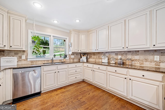524 Allison Ln, Ball Ground, GA 30107 - kitchen featuring stainless steel dishwasher, tasteful backsplash, crown molding, stone countertops, and recessed lighting