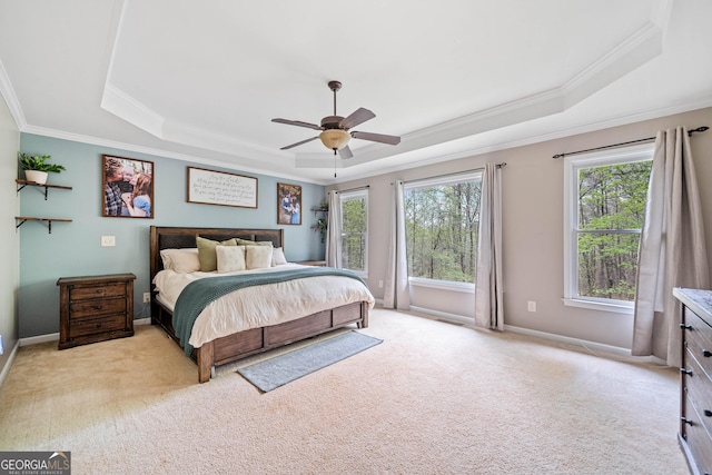 524 Allison Ln, Ball Ground, GA 30107 - bedroom featuring a tray ceiling, crown molding, light colored carpet, and a ceiling fan
