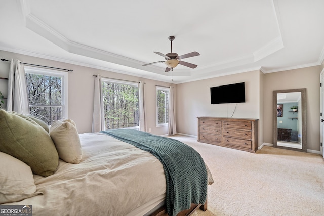 524 Allison Ln, Ball Ground, GA 30107 - bedroom featuring a raised ceiling, ornamental molding, multiple windows, carpet flooring, and a ceiling fan