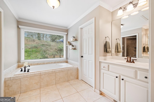 524 Allison Ln, Ball Ground, GA 30107 - bathroom featuring a bath, vanity, crown molding, and tile patterned flooring