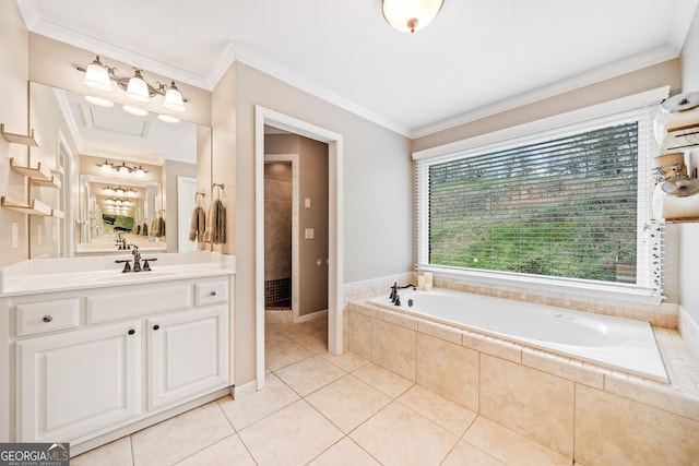 524 Allison Ln, Ball Ground, GA 30107 - bathroom with a garden tub, vanity, crown molding, tile patterned flooring, and tiled shower