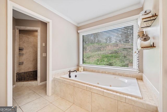524 Allison Ln, Ball Ground, GA 30107 - bathroom featuring a jetted tub, ornamental molding, tiled shower, and tile patterned flooring