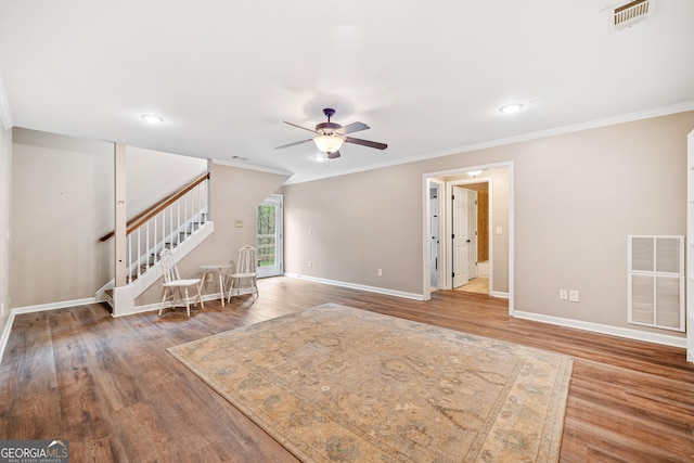 524 Allison Ln, Ball Ground, GA 30107 - spare room featuring ceiling fan, ornamental molding, stairs, wood finished floors, and recessed lighting