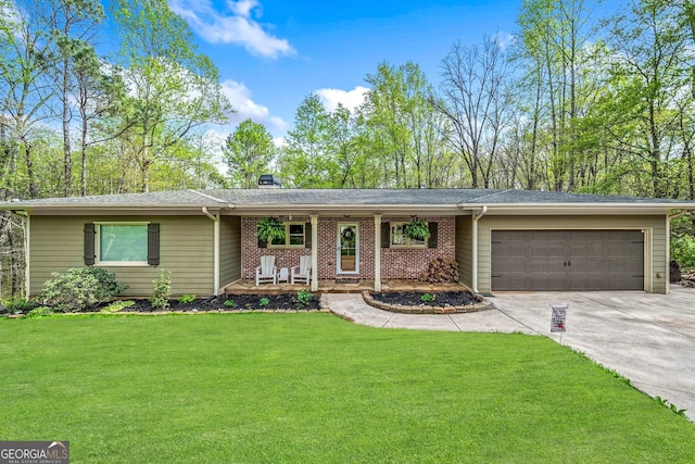 524 Allison Ln, Ball Ground, GA 30107 - ranch-style home featuring covered porch, an attached garage, concrete driveway, a front lawn, and brick siding