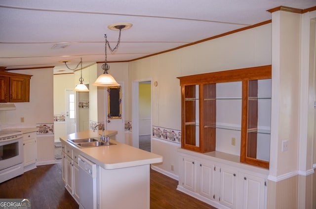 2055 Payne Pond Rd, Weston, GA 31832 - kitchen featuring light countertops, ornamental molding, a sink, and white appliances