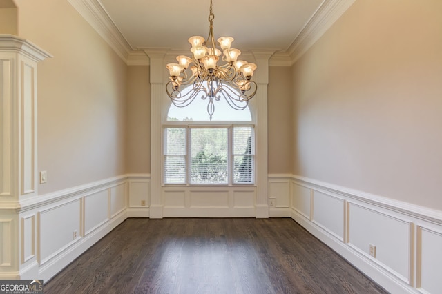 476 Walnut Rd, Hoschton, GA 30548 - spare room with a chandelier, dark wood-style floors, a wainscoted wall, a decorative wall, and crown molding