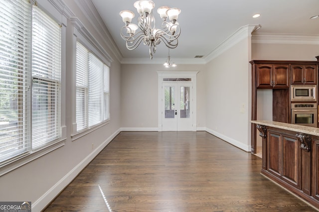 476 Walnut Rd, Hoschton, GA 30548 - unfurnished dining area featuring a chandelier, dark wood finished floors, french doors, and ornamental molding