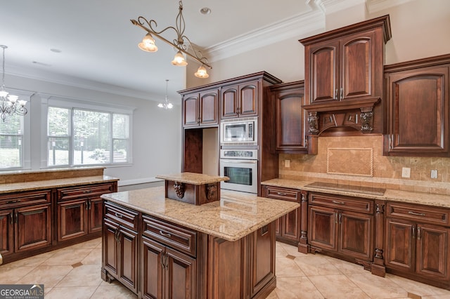 476 Walnut Rd, Hoschton, GA 30548 - kitchen featuring stainless steel appliances, a chandelier, pendant lighting, light stone countertops, and backsplash