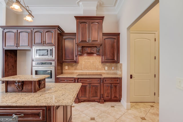 476 Walnut Rd, Hoschton, GA 30548 - kitchen featuring stainless steel appliances, light tile patterned floors, tasteful backsplash, ornamental molding, and light stone counters