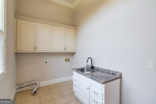 476 Walnut Rd, Hoschton, GA 30548 - laundry room with hookup for an electric dryer, cabinet space, hookup for a washing machine, ornamental molding, and light tile patterned floors