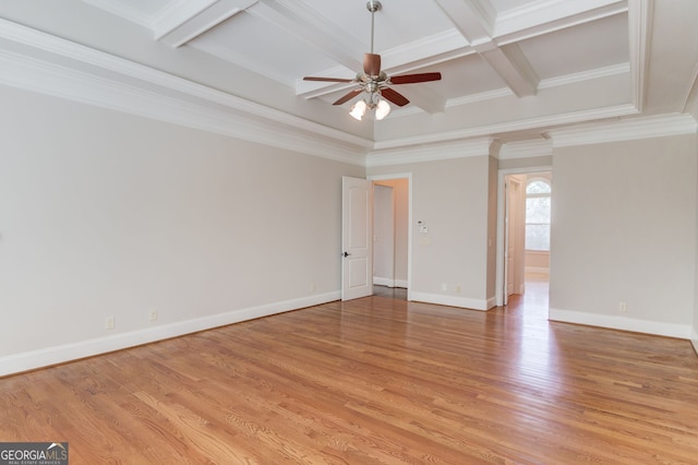 476 Walnut Rd, Hoschton, GA 30548 - spare room featuring coffered ceiling, a ceiling fan, beamed ceiling, light wood finished floors, and crown molding