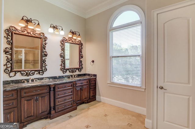 476 Walnut Rd, Hoschton, GA 30548 - bathroom with double vanity, tile patterned flooring, a shower with door, and ornamental molding