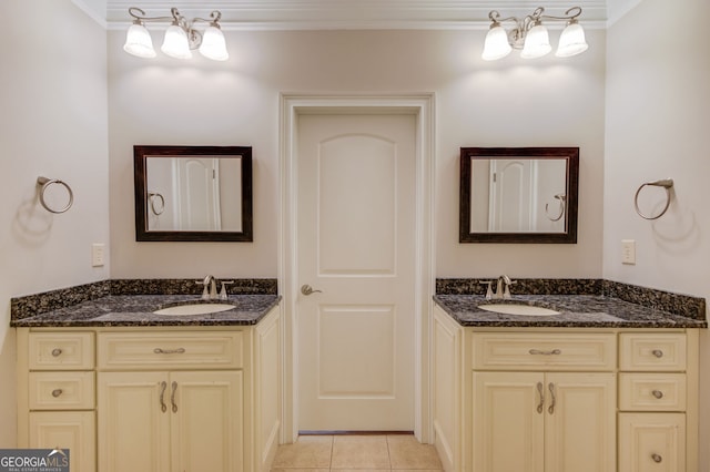 476 Walnut Rd, Hoschton, GA 30548 - bathroom featuring two vanities, ornamental molding, and tile patterned flooring