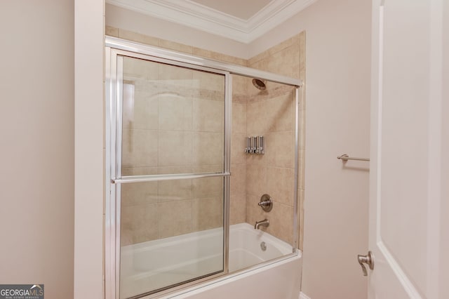 476 Walnut Rd, Hoschton, GA 30548 - bathroom featuring crown molding and bath / shower combo with glass door