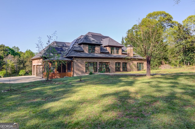 476 Walnut Rd, Hoschton, GA 30548 - view of front of house featuring concrete driveway, a front yard, a garage, and a chimney