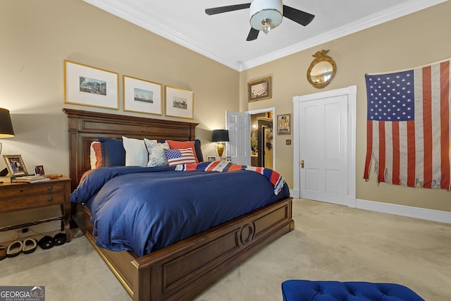 bedroom with light carpet, baseboards, ornamental molding, and a ceiling fan